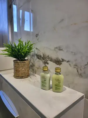 two bottles of soap on a counter with a plant at Luxury Central Square Apartment 2214 in Belgrade
