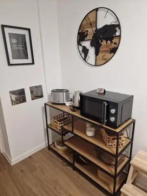 a microwave on a shelf in a room at Apartman Pobednik in Belgrade