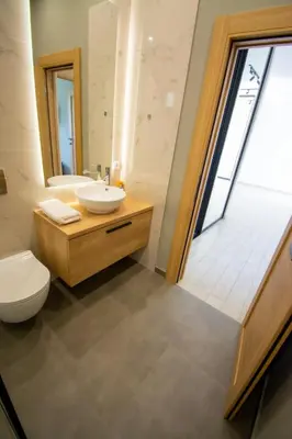 a bathroom with a sink and a toilet and a window at Vila Julija in Surduk