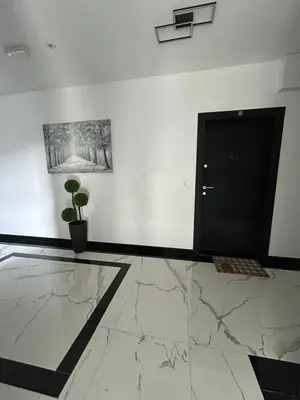 a white room with a black door and a potted plant at Apartman ARISTEA in Arandjelovac