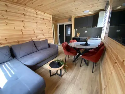 a living room with a couch and a table at Tiny house Neny Fruška gora in Velika Remeta