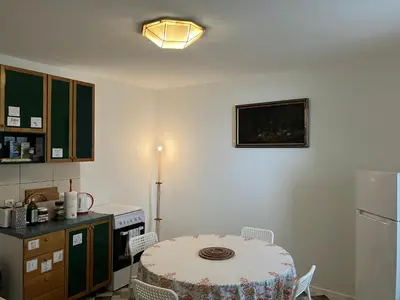 a kitchen with a table with chairs and a refrigerator at Hidden Gem Hostel in Belgrade