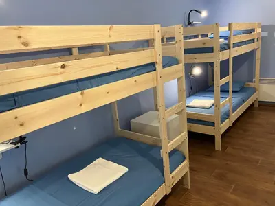 two bunk beds in a room with blue walls at Hidden Gem Hostel in Belgrade