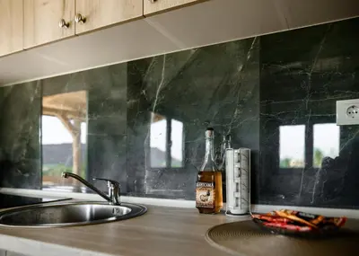 a kitchen counter with a sink and a bottle of alcohol at Brvnara Staničić in Arandjelovac