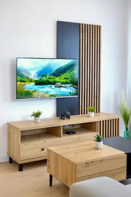 a living room with a flat screen tv on a wall at Airport Belgrade Apartments in Surčin