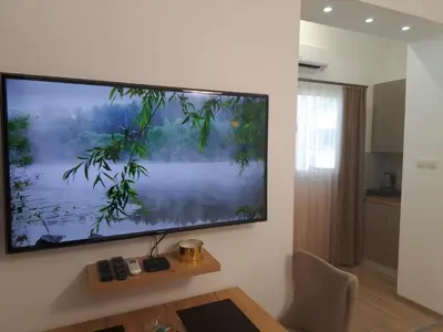 a large flat screen tv hanging on a wall at Xena in Belgrade