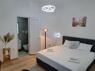 a bedroom with a large bed and a bathroom at Xena in Belgrade