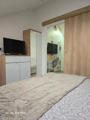 a bedroom with a bed with a tv and a mirror at IDILA SPA New Belgrade in Novi Beograd