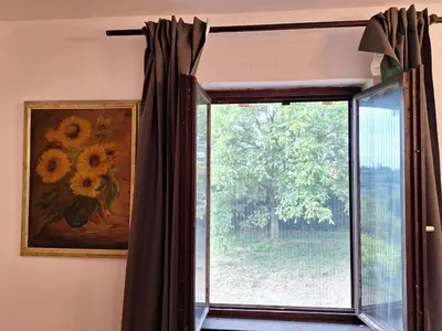 a window with a painting of sunflowers at Kosmajski Beg: Vaša privatna vikendica sa bazenom in Nemenikuće