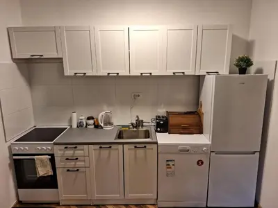 a kitchen with white cabinets and a sink and a refrigerator at Kosmajski Beg: Vaša privatna vikendica sa bazenom in Nemenikuće
