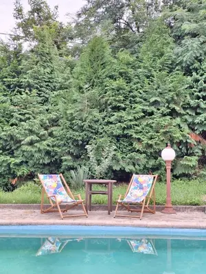 two chairs and a table next to a pool at Kosmajski Beg: Vaša privatna vikendica sa bazenom in Nemenikuće