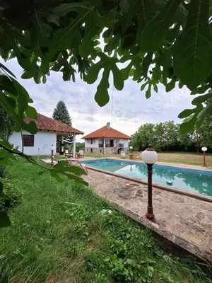 a swimming pool with a house in the background at Kosmajski Beg: Vaša privatna vikendica sa bazenom in Nemenikuće