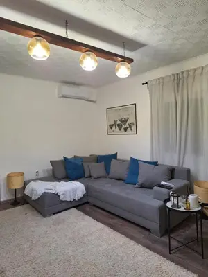 a living room with a gray couch and blue pillows at Šumska Kosmaj in Nemenikuće
