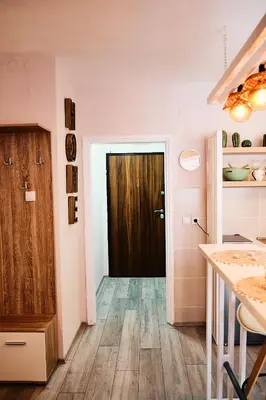 a kitchen with a brown door and a wooden floor at Lenny's Apartment in Čukarica