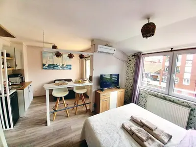 a small room with a bed and a desk in it at Lenny's Apartment in Čukarica