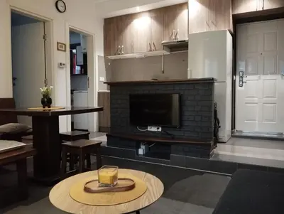 a living room with a fireplace and a tv at Apartman Nera in Stara Pazova