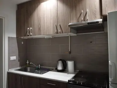 a kitchen with wooden cabinets and a sink and a stove at Apartman Nera in Stara Pazova