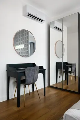 a bedroom with a black desk and a mirror at URBAN DOWNTOWN luxury center Belgrade in Belgrade