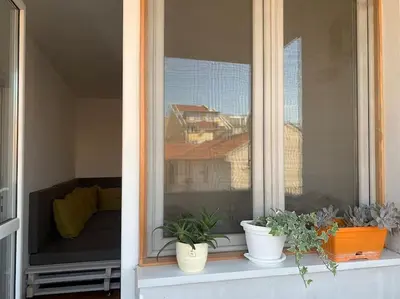 a window with potted plants sitting on a window sill at Belgrade Star with Free parking in Belgrade