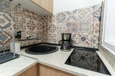 a small kitchen with a sink and a stove at Budislav lovely apartment in Belgrade