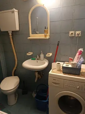 a bathroom with a sink and a washing machine at GOLD Apartman in Mirijevo