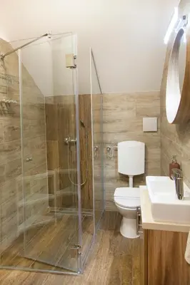 a bathroom with a shower and a toilet and a sink at Golden hill Vinča in Vinča