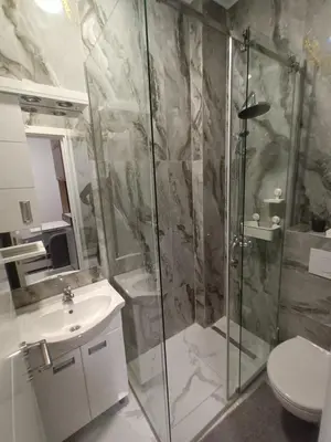 a bathroom with a shower and a sink and a toilet at Gorana 1 in Belgrade