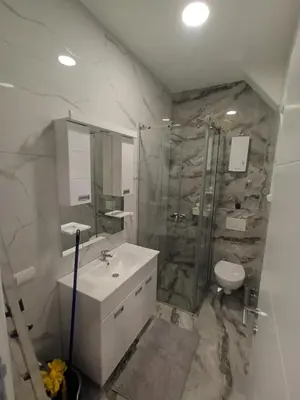 a bathroom with a shower and a sink and a toilet at Gorana 1 in Belgrade