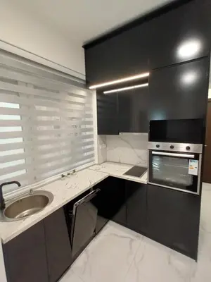 a kitchen with black cabinets and a sink at Gorana 1 in Belgrade