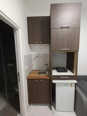 a small kitchen with wooden cabinets and a sink at Gorana 1 in Belgrade