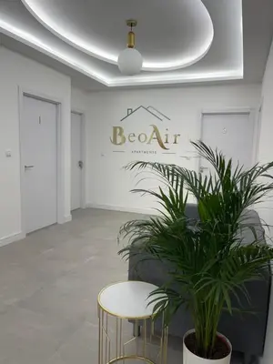 a white room with a table and a plant at BeoAir apartments in Surčin