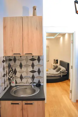 a kitchen with a sink and a bed in a room at Hedonist Spa-ABlok 1 in Belgrade