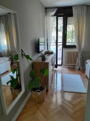 a living room with a mirror and potted plants at HARMONY in Žarkovo