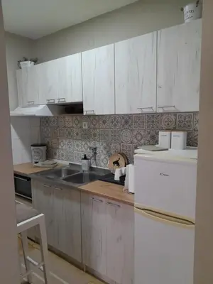 a kitchen with white cabinets and a sink and a refrigerator at HARMONY in Žarkovo