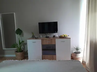 a living room with a tv on top of a cabinet at HARMONY in Žarkovo