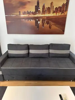 a couch in a living room with a picture on the wall at Apartman BK LUX in Belgrade