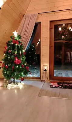 a christmas tree in a room with a window at Luna kuća- Devojački bunar in Novi Vladimirovac