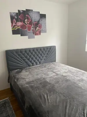 a bed in a bedroom with pictures on the wall at Apartman Fame near Airport in Surčin