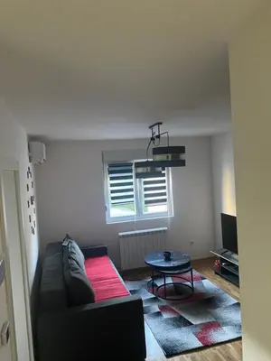 a living room with a couch and a table at Apartman Fame near Airport in Surčin