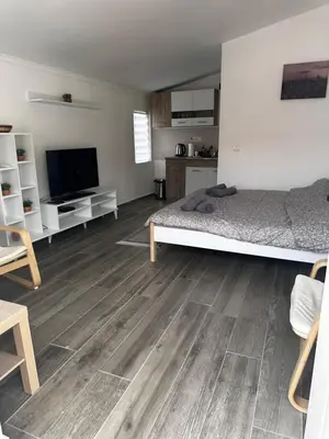 a bedroom with a bed and a flat screen tv at MELIORA Apartment in Belgrade
