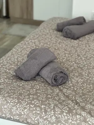 two towels sitting on top of two beds at MELIORA Apartment in Belgrade