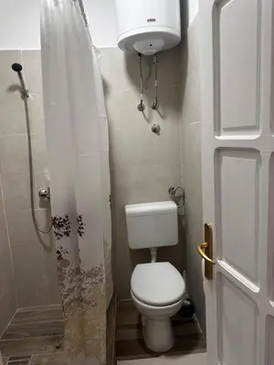a small bathroom with a toilet and a shower at MELIORA Apartment in Belgrade