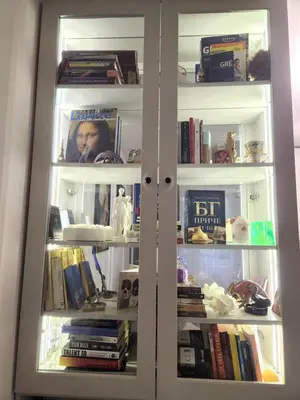 a white cabinet filled with lots of books at AirCity Apartment in Belgrade