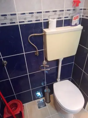 a bathroom with a toilet and blue tiles at Flower Square Studio in Belgrade