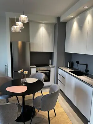 a kitchen with a table and chairs in a room at Belgrade Waterfront Promenade in Belgrade