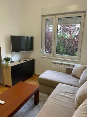 a living room with a couch and a flat screen tv at Neds Apt Inc in Belgrade