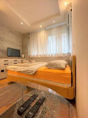 a bedroom with a bed with two remote controls at Welcome To Our Easygoing Apartment in Belgrade