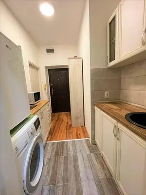 a kitchen with a washer and dryer in it at Welcome To Our Easygoing Apartment in Belgrade