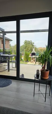 a potted plant sitting on a table in front of a window at Vila Duplex in Lipovica