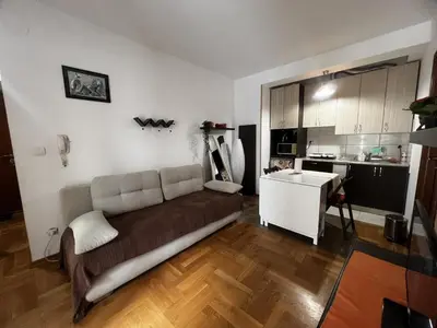 a living room with a couch and a kitchen at Family Rakic Apartment in Belgrade